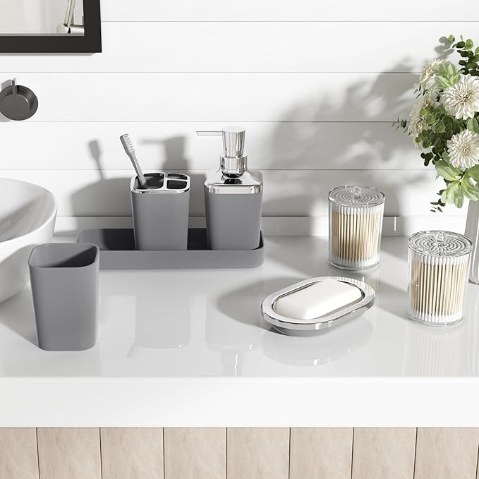 XLHOMO Grey Bathroom Accessories Sets Complete, 9-Piece Bathroom Accessories with Trash Can, Vanity Tray, Soap Dispenser, Soap Dish, Toothbrush Holder, Toothbrush Cup, Toilet Brush and Qtip Holders