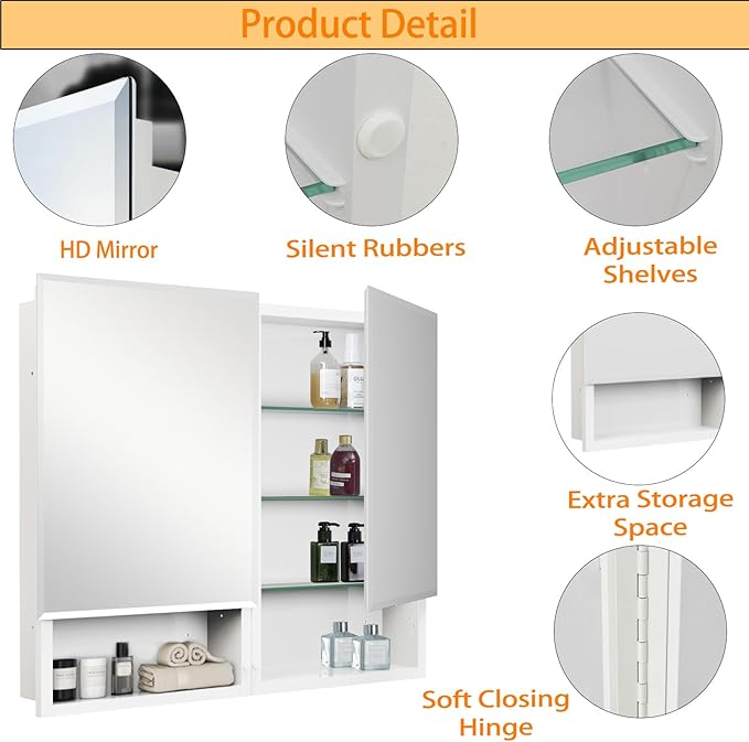 32 x 26 Inches Bathroom Medicine Cabinet with Mirror, Double Door Bathroom Mirror Cabinet, Surface or Recessed Mount White Storage Cabinet, Frameless Beveled Edge Wall Mounted Mirror Cabinet