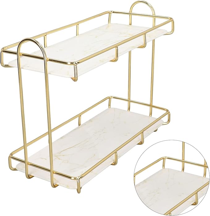 Bathroom Shelves, 2 Tier Bathroom Shelf Countertop Standing Shelf with Partition Cosmetic Storage Rack Holder Gold