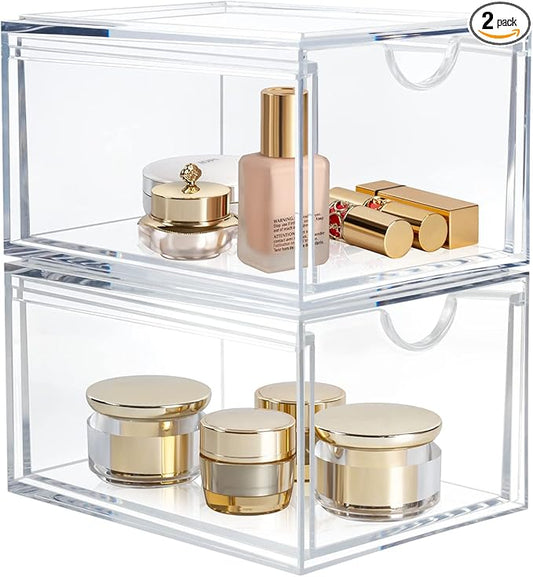 AMEITECH 2 Pack Clear Stackable Storage Drawer, Bathroom Makeup Organizer, Plastic Storage Bins, Acrylic Organization and Storage for Vanity, Kitchen Cabinets, Pantry, Undersink