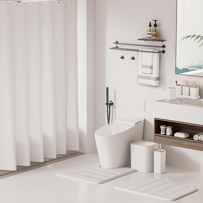 XLHOMO Bathroom Set - 25PC White Bathroom Set with Shower Curtain and Rugs, Bathroom Accessories Set, White Shower Curtain Set with Bathroom Trash Can
