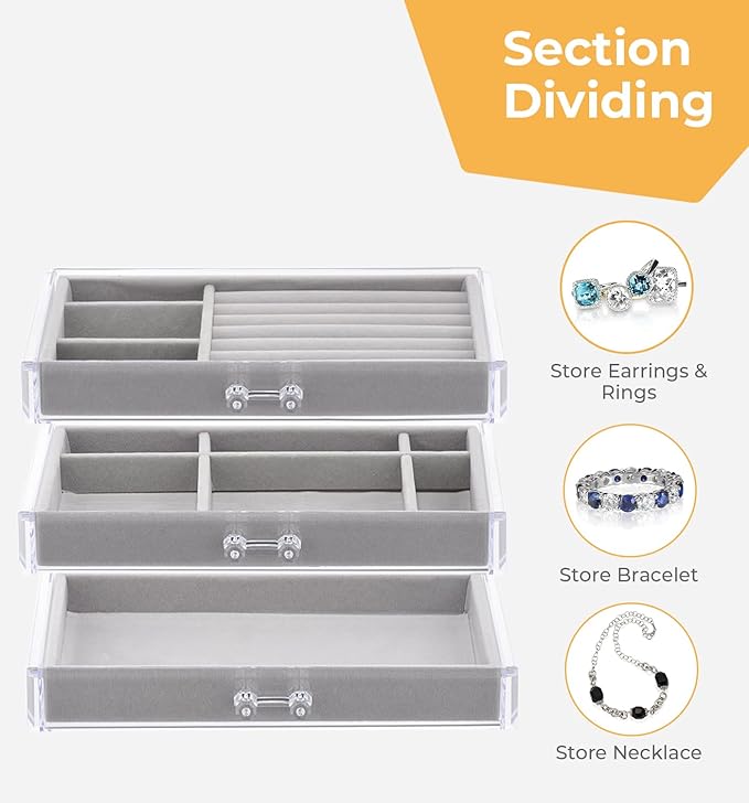 DOZZZ Acrylic Jewelry Organizer Box with 3 Drawers, Clear Earring Storage Display Case Holder with Adjustable Velvet Trays for Rings Necklace Bracelet Women