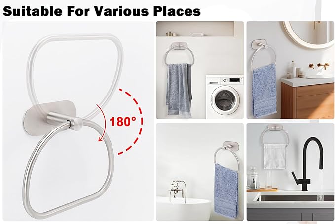Livabber Towel Ring for Bathroom, 304 Stainless Steel Hand Towel Holder, Heavy Duty Towel Hanger for Bath, Kitchen, Hotel (4″ Self-Adhesive Base, Brushed Nickel)