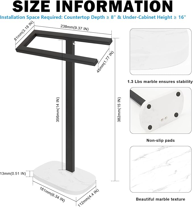 Livabber Standing Hand Towel Holder, 304 Stainless Steel Hand Towel Rack Stand with Heavy Marble Base, Bath Accessories, Towel Ring for Bathroom Kitchen Countertop, 14 Inch (Black)