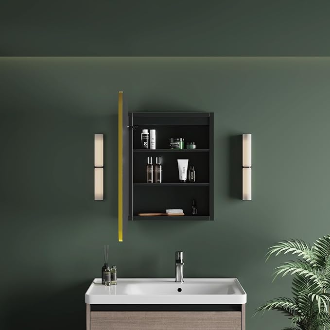 Medicine Cabinet with LED Lights and Mirror, 16W x 28H Inch Wall or Recessed Mounted Bathroom Cabinet with Left Hinge, Storage Shelf, Defogger, Memory Function, 3-Color Mode, Dimmer, Gold