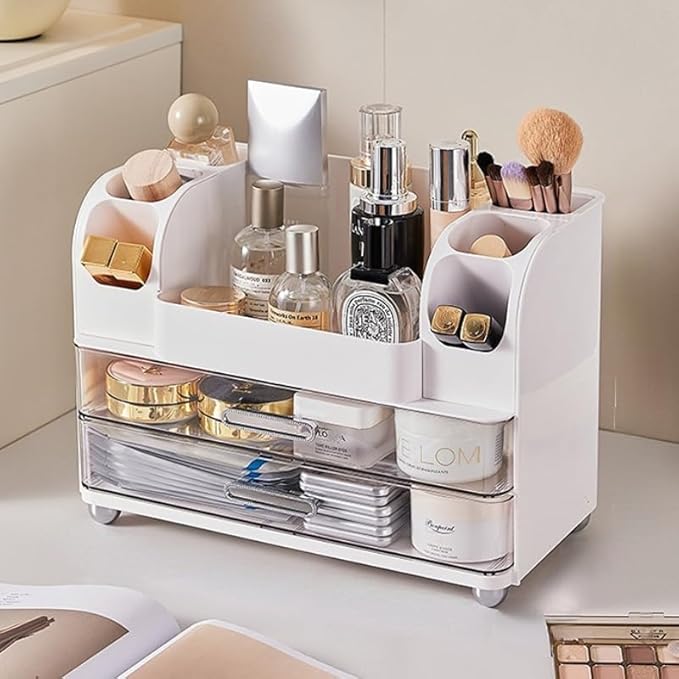 Extra Large Makeup Organizer with 2 Wide Drawers Divided Top Compartment, Spacious Cosmetic Display Case, 4 Colors Skincare Storage box for Vanity and Countertop (White)