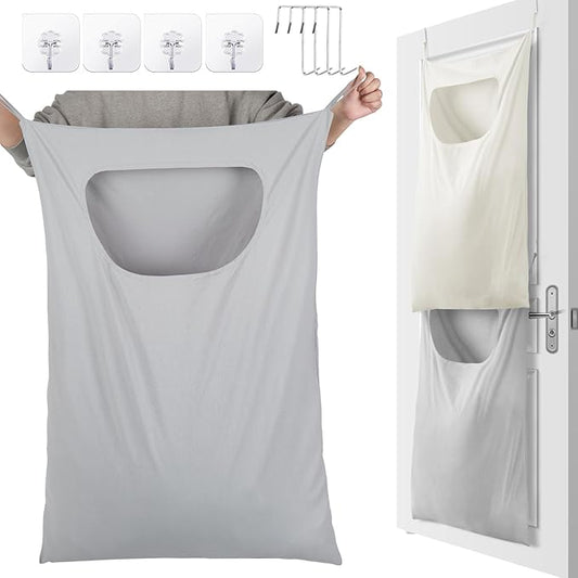 2 Pcs Large Hanging Laundry Hamper Bag 28 x 35 in Over The Door Hamper Space Saving Hanging Laundry Bag Basket with Hooks for Wall Dirty Clothes Storage RV Room, 2 Color