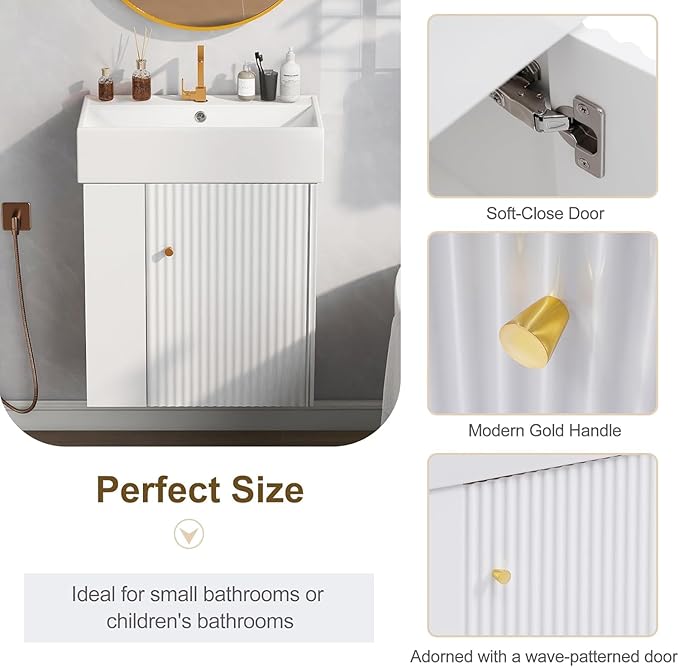 Virubi 21.6 in Floating Bathroom Vanity with Sink,Soft Closing Doors,Solid Wood Frame & MDF Modern Single Small White Bathroom Vanity Cabinet with Open Shelf,Wall Mounted