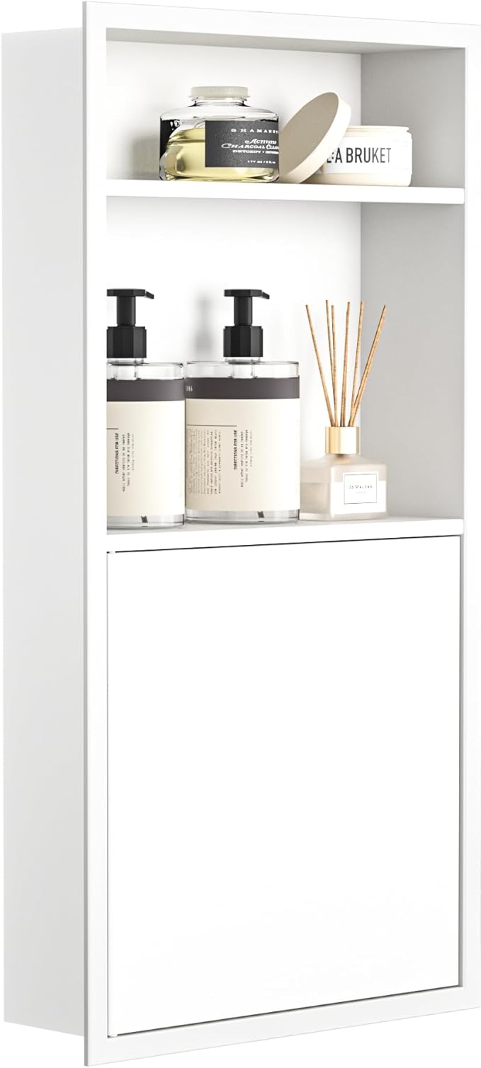 Recessed Medicine Cabinet with Door 24" X 12" White Wall Medicine Cabinets with 3-Tier Shelf 304 Stainless Steel Niche Shower for Bathroom Storage