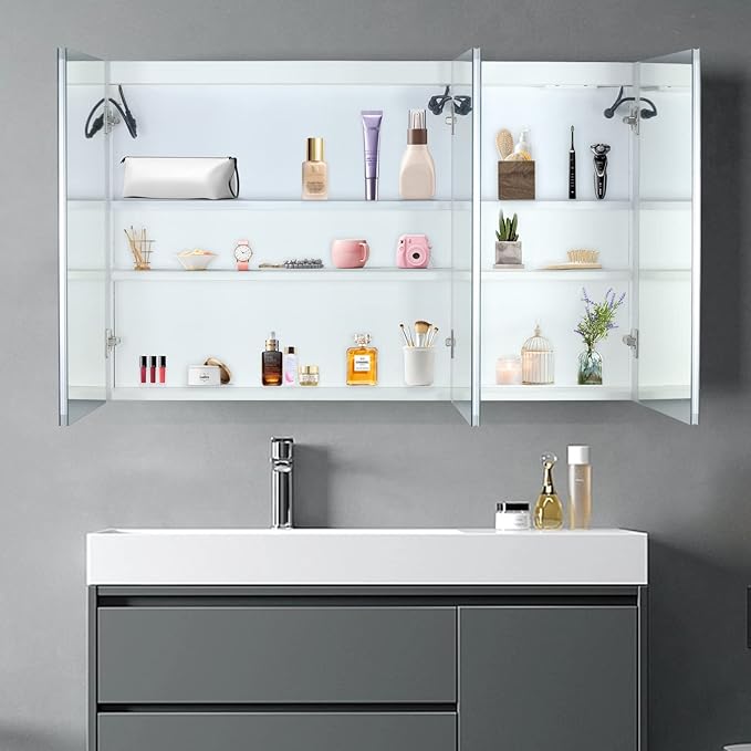 Karl home 48x28 Inch 3 Doors Bathroom Medicine Cabinet with LED Mirror, 3 Color Wall Mounted Dimmable Bathroom Cabinet with 3-Tier Storage Shelves, Anti-Fog, USB Charge, White
