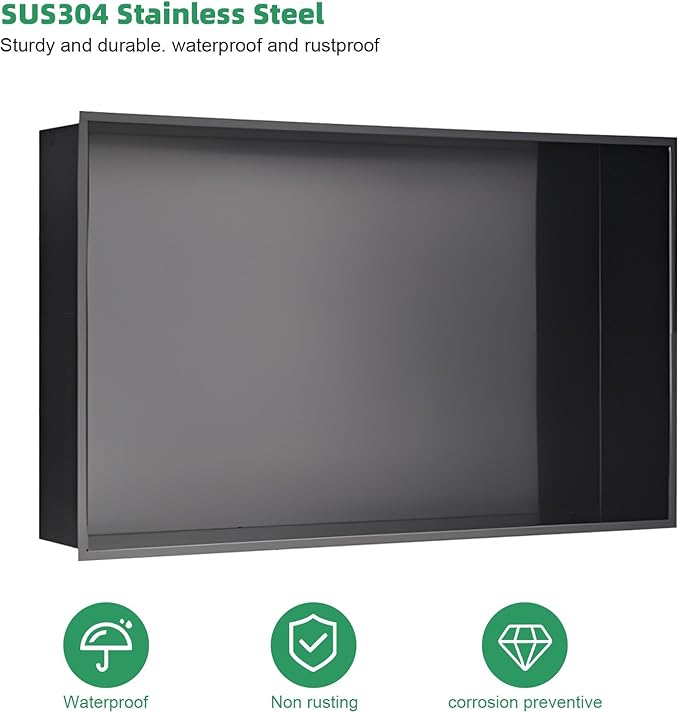 SaniteModar Shower Niche, Stainless Steel Shower Niche No Tile Needed, Recessed for Bathroom Storage (Matte Black, 12x24)