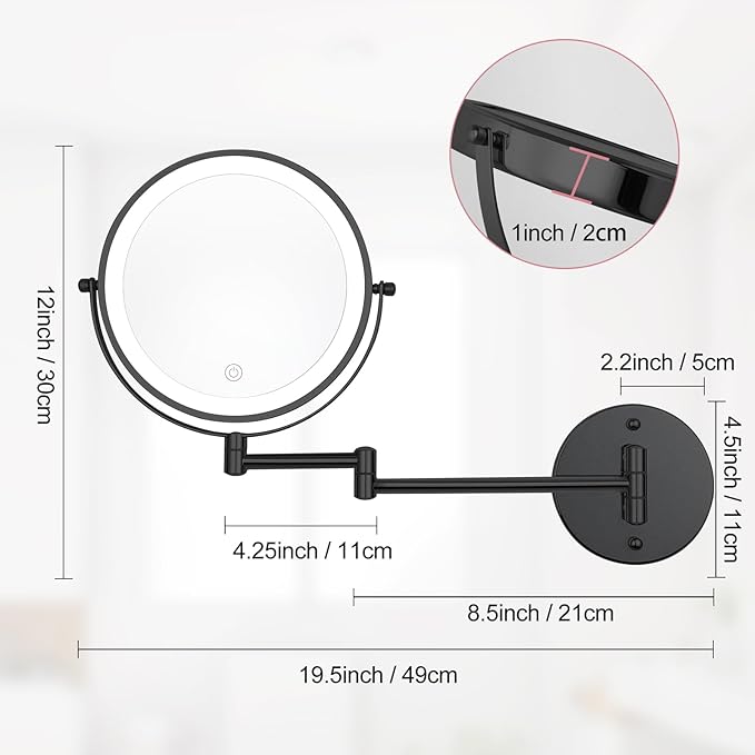 Wall Mounted Lighted Vanity Mirror, 8" Double Sided 1X/10X Magnifying Shaving Mirror with 3 Color Lighting, Rechargeable 2000mAh Battery, Extendable Arm for Makeup, Grooming, Bathroom, Black