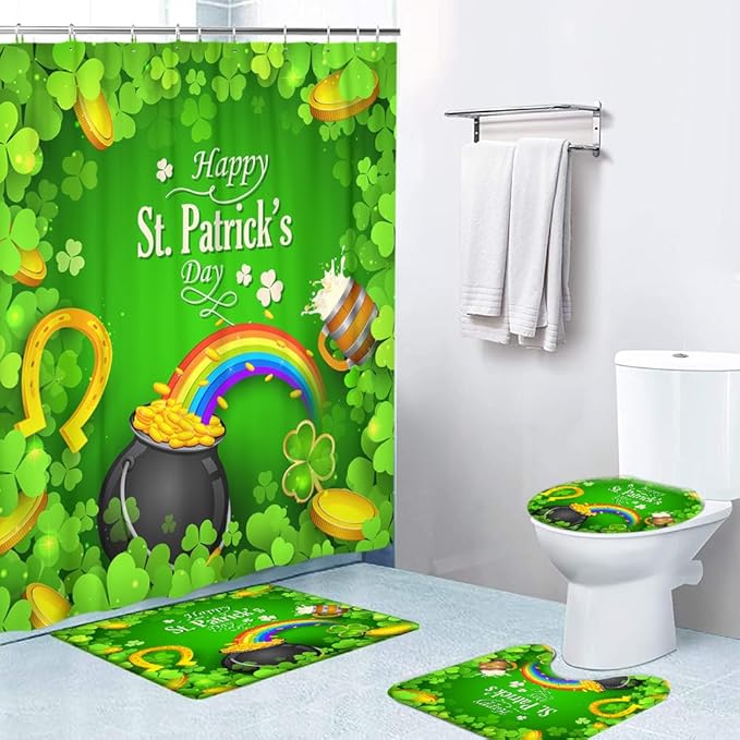 Ansouyi 4Pcs Bathroom Shower Curtain Sets with Non-Slip Rugs, Toilet Lid Cover and Bath Mat, St Patricks Day with Clover Leaf Rainbow Durable Waterproof Shower Curtain for Bathroom Set, 72x72 Inch