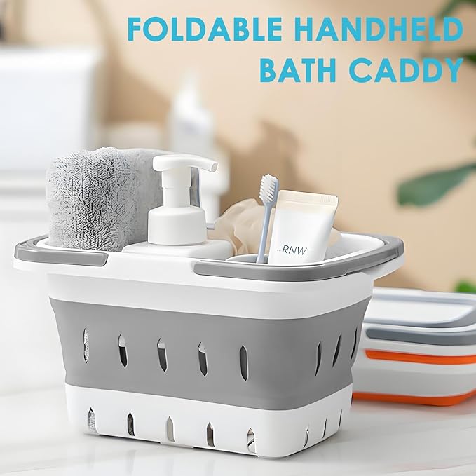 Fammart Portable Shower Caddy Tote – Collapsible Plastic Basket with Handles, Foldable Storage Organizer for Bathroom, Kitchen, College Dorm, Gym, Travel & Camping, Gray