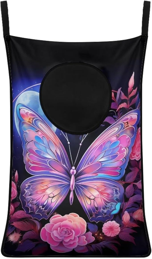 ZFRXIGN Pink Rose Butterfly Hanging Hamper Laundry Bag Laundry Baskets Over Door Laundry Hamper Space Saving Storage Organizers Dirty Clothes Hampers for Girls Gifts Reusable