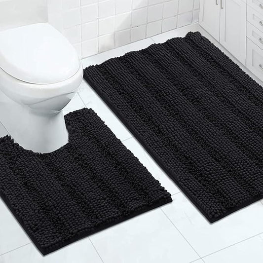 Turquoize Chenille Bathroom Rugs Set Non-Slip Bath Mats for Bathroom Super Absorbent Shaggy Rugs for Tub Shower Toilet Plush Bath Rug Plus U Shaped Rug (Oversized: 24" x 36" and 20" x 24" U), Black
