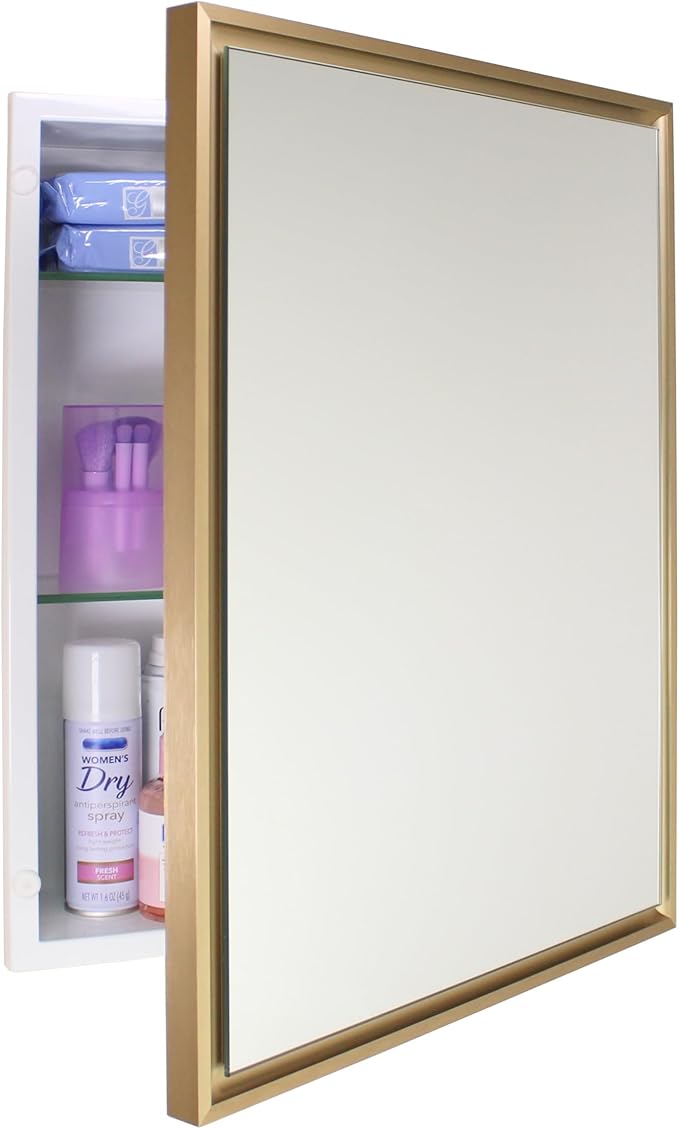Fox Hollow Furnishings 16x20 Parker Metro Metal Framed Rectangle Recessed Bathroom Medicine Cabinet, Floating Mirror, 14x18 in-Wall Opening, Steel, Adjustable Glass Shelves, Magnet Close, Gold