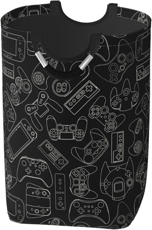 Video Game Controller Black Background Large Laundry Hamper Gaming Theme Storage Basket Toys Clothes Organizer Bin For Home Bathroom Bedroom Dorm Nursery, 60l