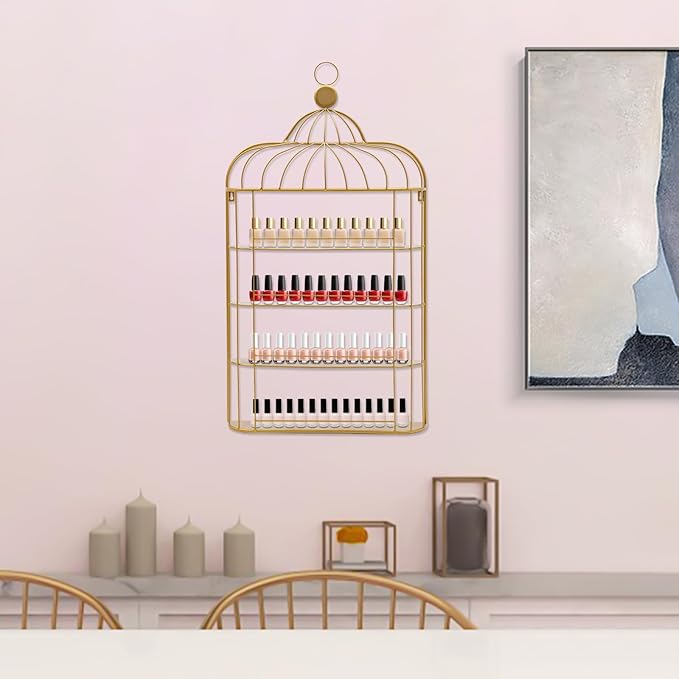 Nail Polish Organizer Wall Mounted, 4-Tier Nail Polish Storage Rack, Metal Nail Polish Storage Holder, Multifunctional Organizer for Essential Oil Perfume Lipsticks at Home Salon Spa(Gold)
