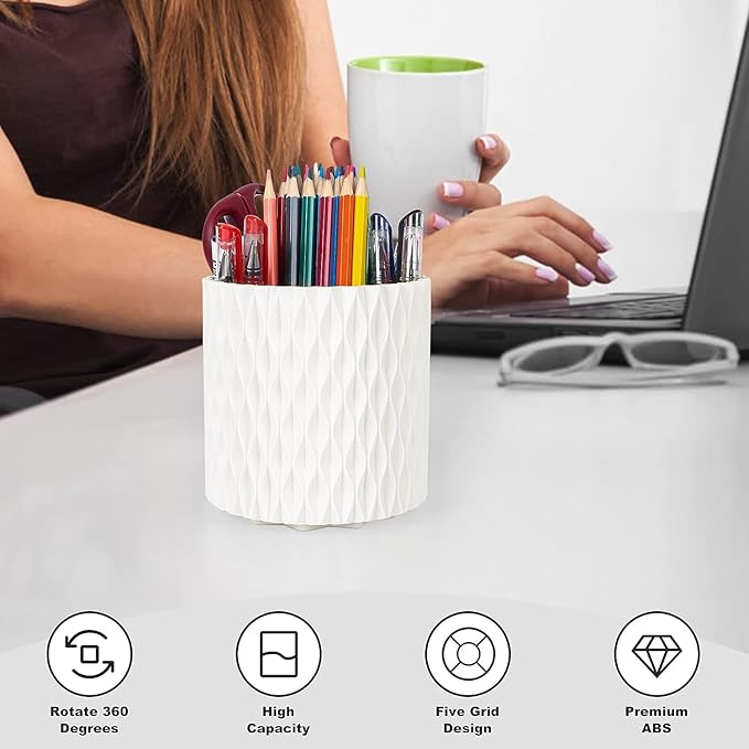 Makeup Brush Holder Organizer-360?? Rotating Makeup Brush Storage,Pencil Pen Holder Cup,Desk Accessories,5 Slot Make up Brushes Cup, for Vanity Desktop Bathroom Countertop (White)