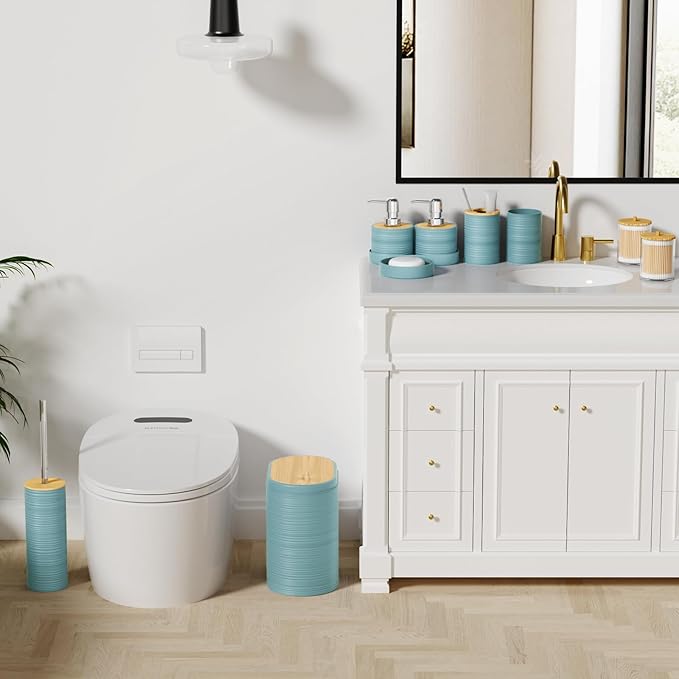 XLHOMO Light Blue Bathroom Set - 10PC Bathroom Accessories Set, Luxury Bathroom Accessory Set with Trash Can,Toilet Brush & 2 PC Soap Dispensers for Apartment Decor and Housewarming