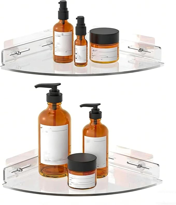 AUNMAS Acrylic Corner Floating Shelves, Strong Load Bearing No Drill Wall Mounted Bathroom Shelf for Bathroom Storage Organization (Transparent)