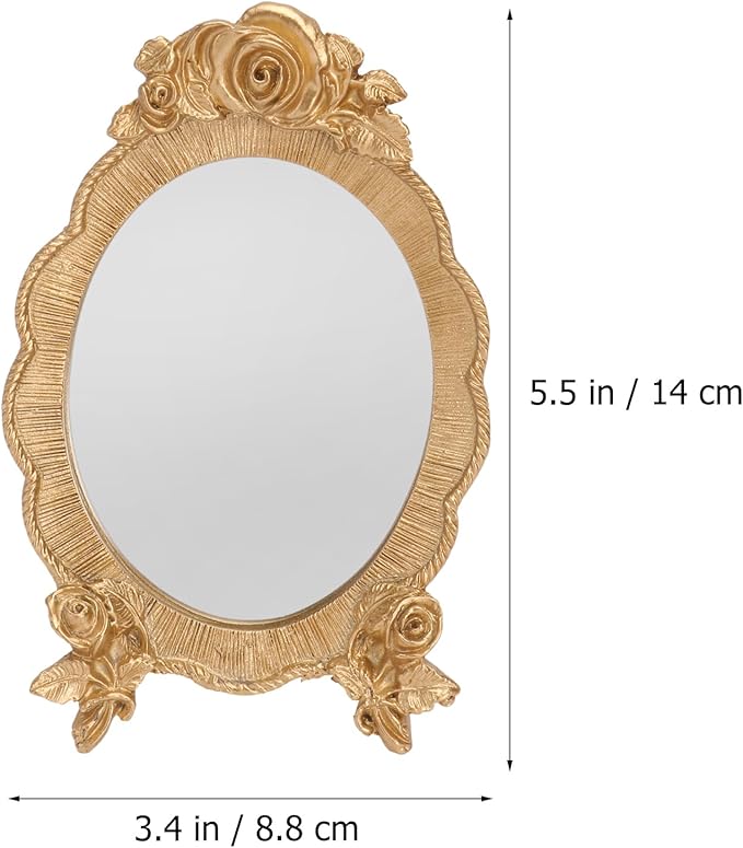 HEALLILY Oval Resin Makeup Mirror Portable European Style Handheld Cosmetic Mirror with Rose Relief Frame Lightweight for Vanity and Travel