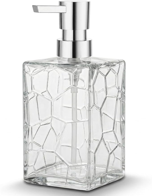 Clear Glass Soap Dispenser with Pump Geometric Texture Refillable Decorative Hand Soap Dispenser for Bathroom Kitchen Countertop