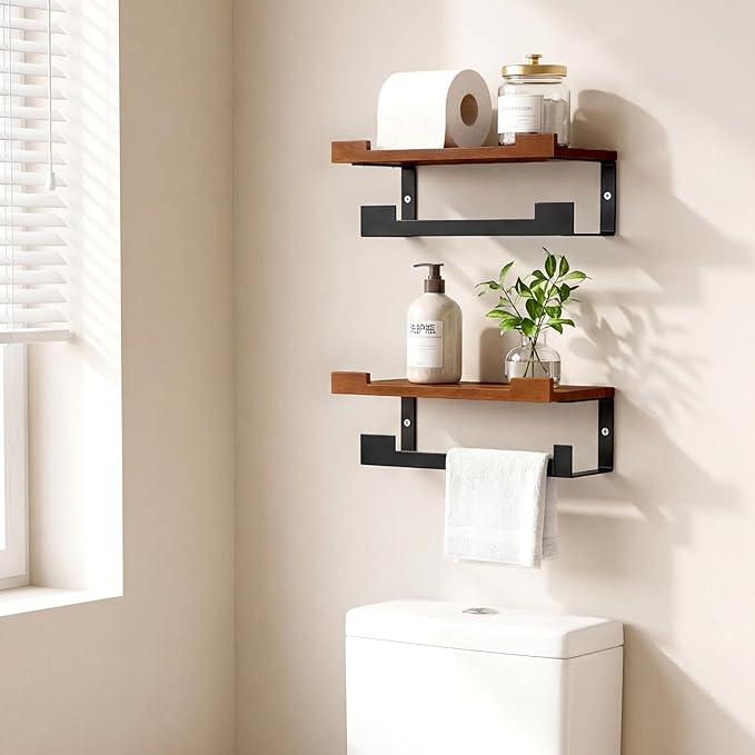 2 Pack Hand Towel Holder/Towel Ring with Wooden Shelf, 9.3 Inch Metal Bath Accessories Wall Mounted Household Decor Hand Towel Hanger for Bathroom Washroom Living Room