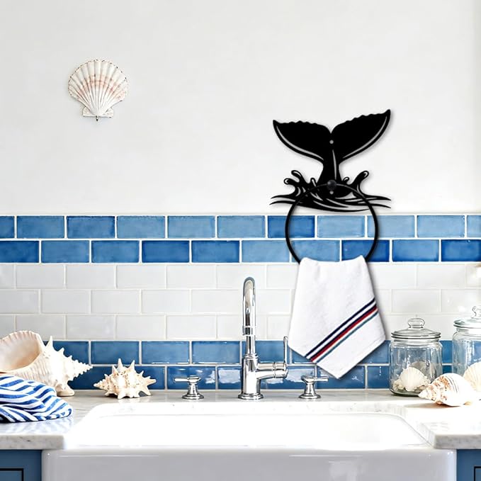 MAYJOYDIY Whale Tail Metal Towel Ring Round Fish Tail Hand Towel Holder Ocean Ring Hanger Wall Mount Black Vintage Towels Wall Organizer for Kitchen Bath Home Laundry Room Decors Gifts
