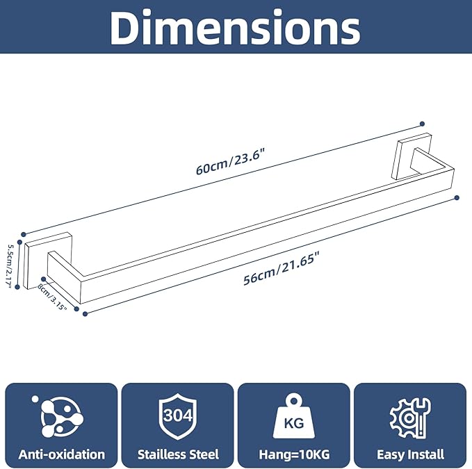Bathroom Towel Bar Set, 23.6 Inch Wall Mounted Rack, 304 Stainless Steel, D-Shape, 2-Piece Set (Brushed Finish)