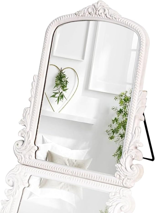 HSDDHOME 11.8" x 9.6" Small White Arched Vanity Mirror, Vintage Makeup Mirror Baroque Style Arendahl Carved Mirror with Frame for Desk Decorative Table Aesthetic for Dresser,Bedroom,Living-Room