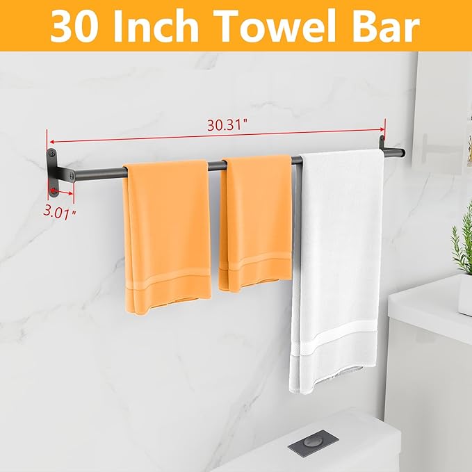 Towel Bathroom Bar, MKO Towel Rod for Bathroom Heavy Duty, Single Towel Bar Hand Towel Holder, Extra Long Towel Bar 30-Inch, Black