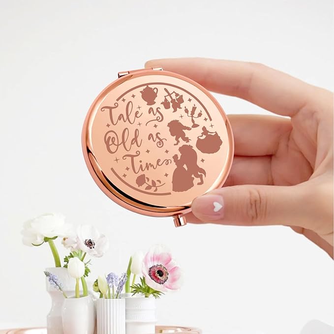 KEYCHIN Princess Beauty Pocket Mirror Princess Rose Gifts Tale As Old As Time Compact Makeup Mirror Fairytale Movie Merch (Tale As Old-RG)