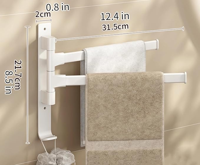 2 Arms Swivel Towel Rack Thicken Towel Holder with Hook Space Saving Towel Bar Wall Mount Swivel Towel Racks for Bathroom Kitchen-Beige