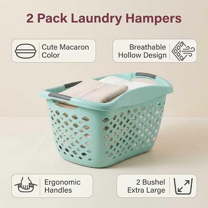 (2 Pack) 1.8 Bushel Hip Hugger Laundry Basket, Teal Flexible Plastic Hamper - Easy 1-Hand Carry(Home/Laundry Room)