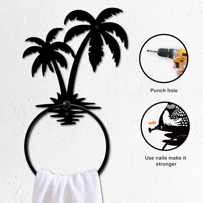 MAYJOYDIY Palm Tree Metal Towel Ring Summer Beach Trees Towel for Wall Holder Black Art Towel Rack Wall Mounted Wall Decor Towel Hanger for Bathroom Kitchen Home Decors Gift