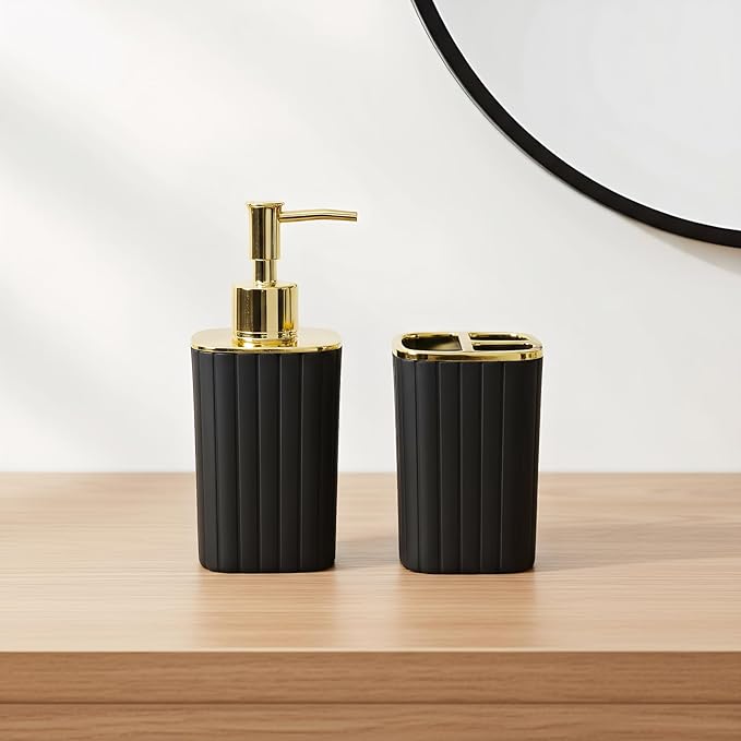 2Pack Bathroom Accessories Set, Black Gold Bathroom Set. Bathroom Toothbrush Holder Set, Includes Dispenser and Toothbrush Holder. Bohemian Bathroom Accessories