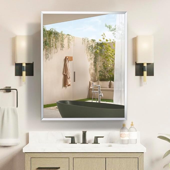 Movo Medicine Cabinet with Mirror, 24 Inch x 30 Inch Aluminum Mirror Cabinet with Single Door, Bathroom Medicine Cabinet, Surface Mount or Recess Installation