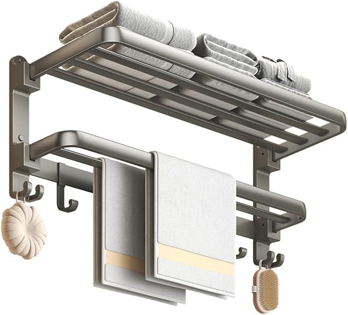 (1 Pack) Yariwiz Grey Towel Rack Wall Mounted No Drill and Screw Mounting, Bathroom Bath Shower Length 24 inch Double Towel Rod with Shelf Hotel Towel Rack B0502-GREY