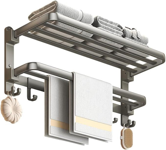 (1 Pack) Yariwiz Grey Towel Rack Wall Mounted No Drill and Screw Mounting, Bathroom Bath Shower Length 24 inch Double Towel Rod with Shelf Hotel Towel Rack B0502-GREY