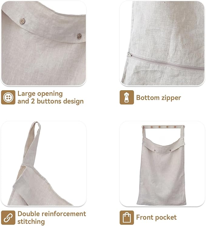 100% Linen Hanging Laundry Hamper Bag 22x36 Inch, Over the Door with 2 Buttons and Bottom Zipper Saving Space Wall Back organizers For Dirty Clothes Dorm Travel College Camp Sock big Capacity