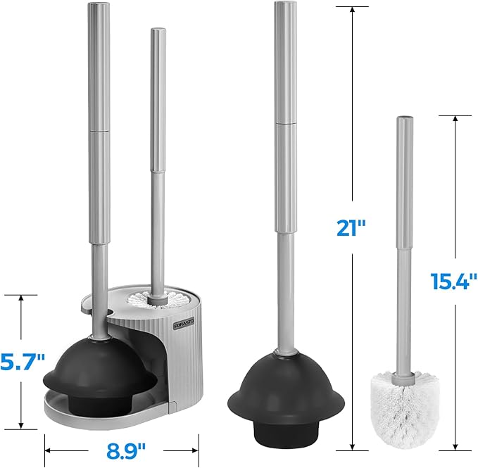 FORASTO 2 in 1 Toilet Plunger and Brush Set,Extended Handle Plunger,Toilet Bowl Brush Plunger Set,Bathroom Cleaning Tools,Cleaning Brush,Toilet Brush Plunger Combo,Charcoal Gray???20.8inch???