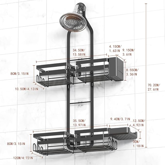 Over the Shower Head Caddy for Handheld Showerhead - Rustproof Hanging Shower Organizer, No Drill 2-Tier Bathroom Storage Shelf with Soap Holder, Matte Black