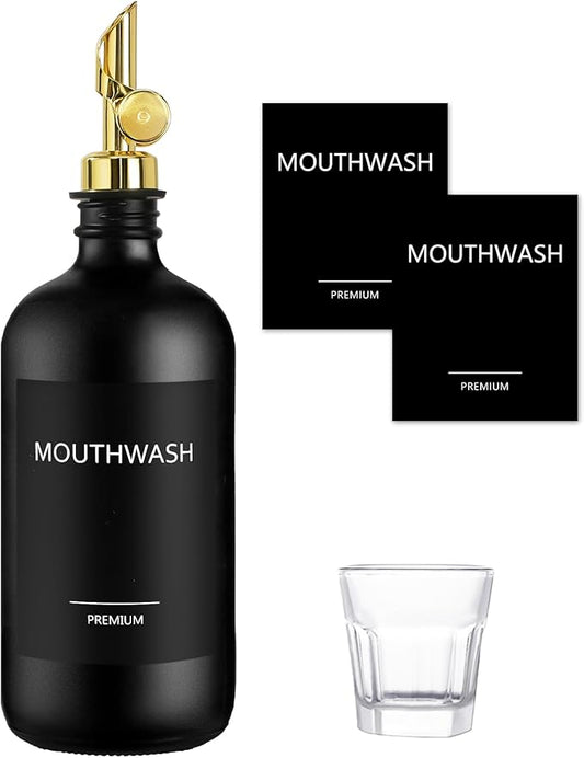 Mouthwash Dispenser for Bathroom, Glass Mouthwash Dispenser with Cup, Mouth Wash Container Bottle with Cup, Refillable Mouthwash Decanter, Matte Black, 1 Pack, 17oz