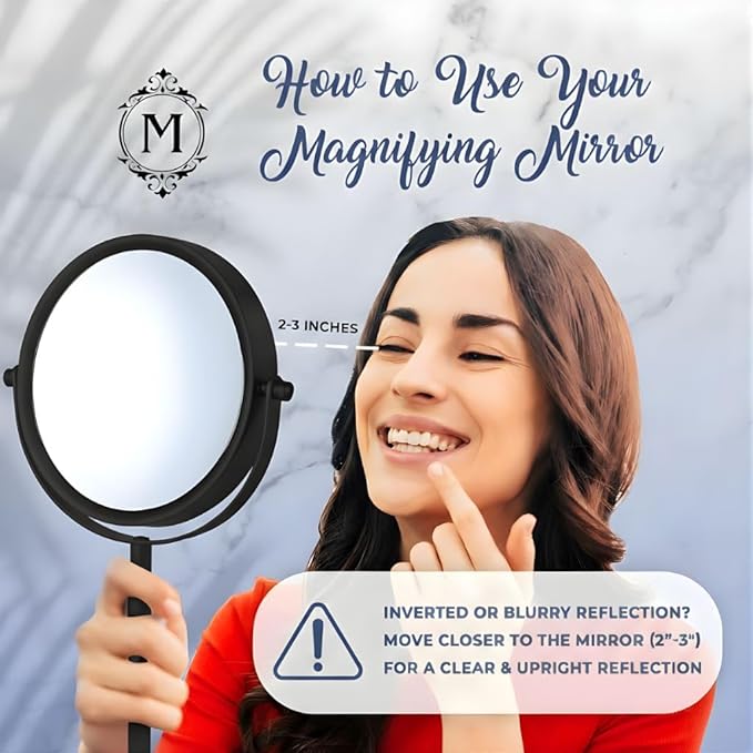 MIRRORVANA 10X Magnifying Makeup Mirror on Round Stand for Tabletop, Bedroom Vanity Desk and Bathroom Counter - Free Standing Double Sided 10X/1X Magnification Mirror - 7" Wide and 14" Tall (Black)