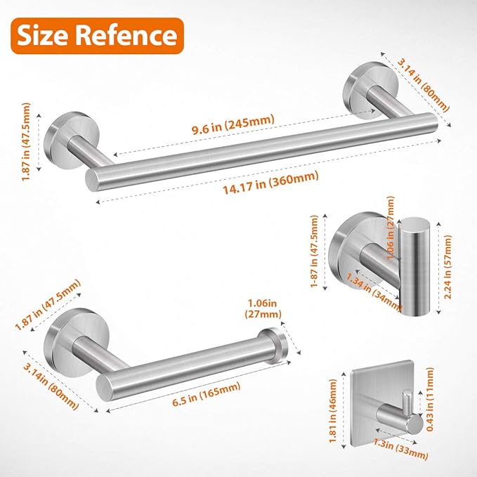 5-Pieces Bathroom Hardware Set Brushed Nickel SUS304 Stainless Steel Round Wall Mounted - Includes 16" Hand Towel Bar, Toilet Paper Holder, 3 Robe Towel Hooks,Bathroom Accessories Kit