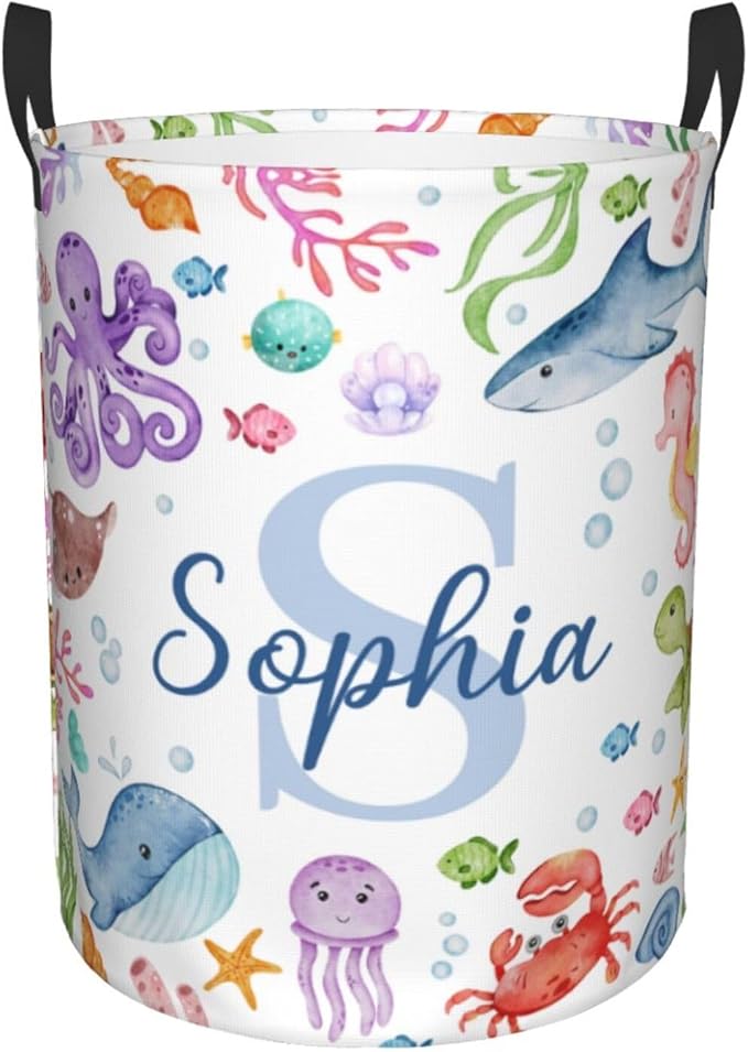 Custom Sea Animal Laundry Baskets, Personalized Ocean Themed Gifts with Customized Name, Collapsible Laundry Hamper for Kids Adults Home Decoration,16.5 X 13.8in