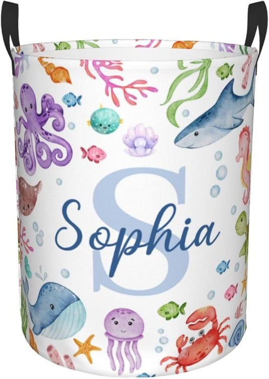 Custom Sea Animal Laundry Baskets, Personalized Ocean Themed Gifts with Customized Name, Collapsible Laundry Hamper for Kids Adults Home Decoration,16.5 X 13.8in
