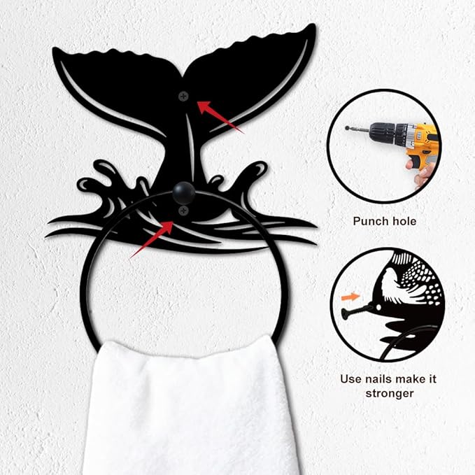 MAYJOYDIY Whale Tail Metal Towel Ring Round Fish Tail Hand Towel Holder Ocean Ring Hanger Wall Mount Black Vintage Towels Wall Organizer for Kitchen Bath Home Laundry Room Decors Gifts